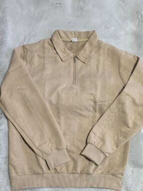 Beige Cable Knit Zip-Front Pullover